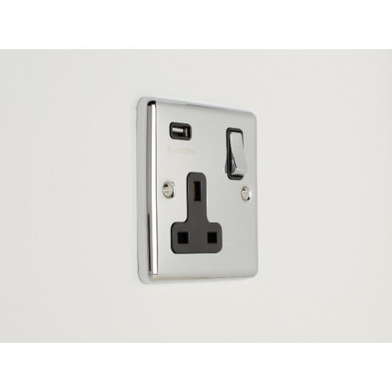 Enhance 1-Gang 13A Switched Socket with 2.1A USB Polished Chrome and Black Insert