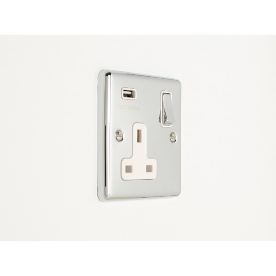 Enhance 1-Gang 13A Switched Socket with 2.1A USB Polished Chrome and White Insert