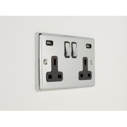 Enhance 2-Gang 13A Switched Socket with 3.1A Dual USB Polished Chrome and Black Insert