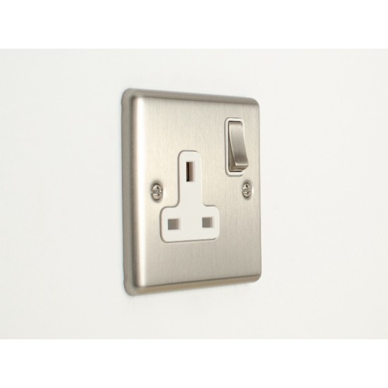 Enhance 1-Gang DP 13A Switched Socket Satin Chrome with White Insert