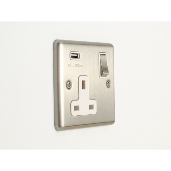 Enhance 1-Gang 13A Switched Socket with 2.1A USB Satin Chrome and White Insert