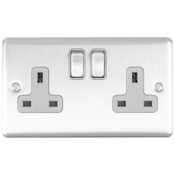 Enhance 2-Gang DP 13A Switched Socket Satin Chrome with Grey Insert