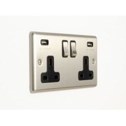 Enhance 2-Gang 13A Switched Socket with 3.1A Dual USB Satin Chrome and Black Insert