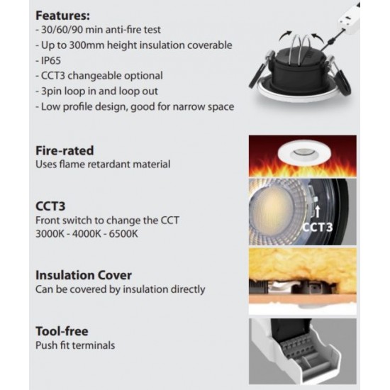 6W LED CCT Dimmable Downlight Fire-Rated IP65 with 3 Bezels